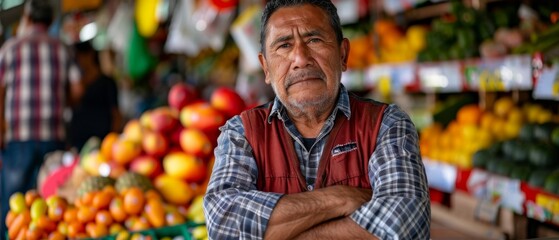 A middle-aged Latin man looks serious at the camera, arms crossed, in a greengrocer's shop. - obrazy, fototapety, plakaty