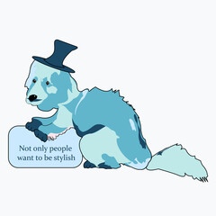 Dog dressed up in blue tuxedo and hat. Fashion vector illustration of Cavalier King Charles Spaniel