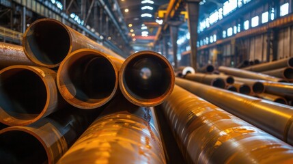 Close-up view of steel pipes in Iron and Steel Mill located in Taganrog - obrazy, fototapety, plakaty
