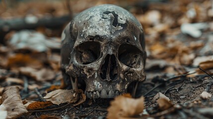 Close up old human skull on ground
