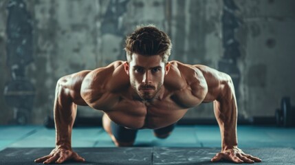 Fitness man performs push ups with naked torso - obrazy, fototapety, plakaty