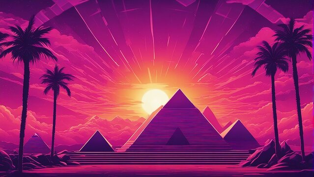 Generative AI. Wallpaper, Neon glow Egyptian art. Beautiful pyramids, futuristic, painting, photo frame, design. Sun shining bright.