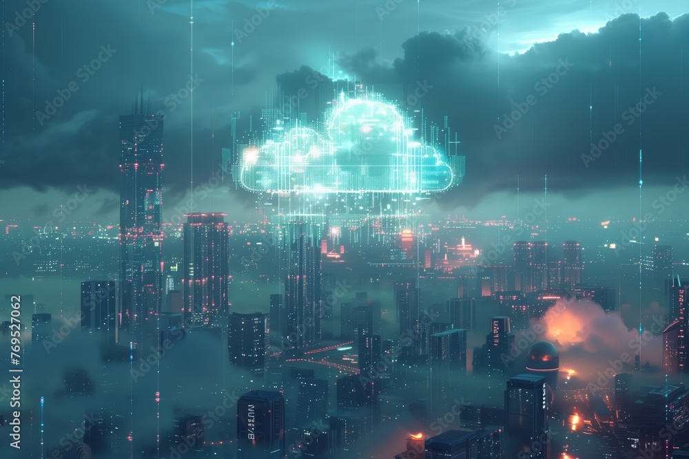 Poster cloud computing concept in a smart city. conceptual depiction of cloud computing above a modern city