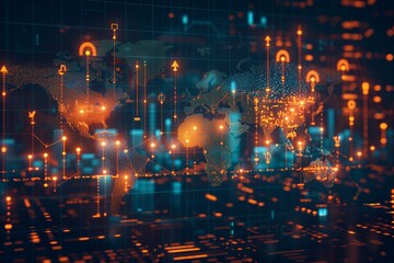 Obraz premium Global Business Data Network with Security Features. Digital illustration representing a global data network with security icons over a world map.