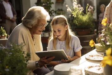 Young girl showing something on tablet to elderly grandmother at garden party. Love and closeness between grandparent and grandchild.