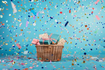 wicker basket with gifts surrounded by confetti on a blue backdrop - obrazy, fototapety, plakaty