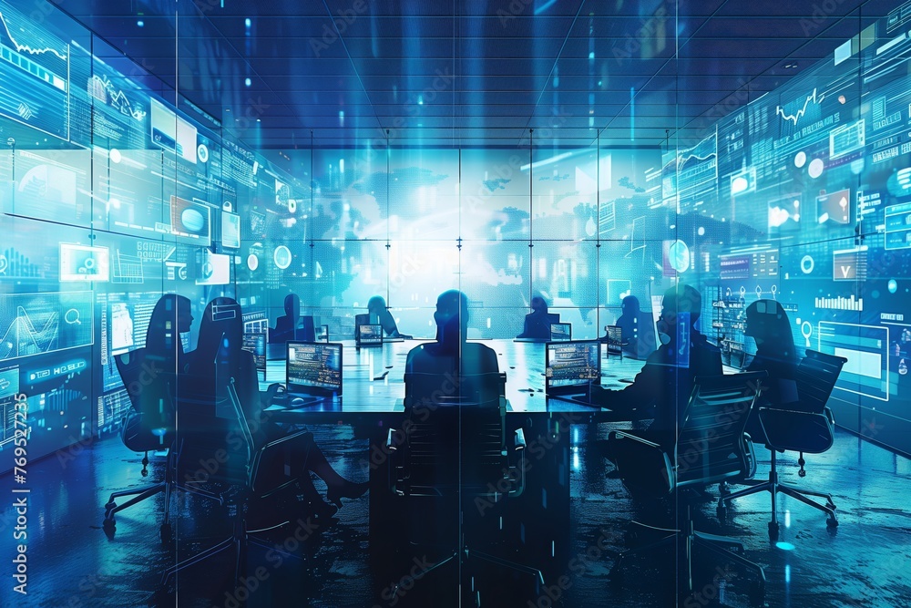 Poster cybersecurity operations center with analysts at work. cybersecurity operations center with analysts