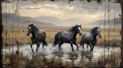 Sculpture, modern painting, abstraction, metal elements, textured background, animals, horses.