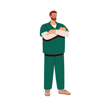 Happy doctor surgeon in scrubs. Medic, healthcare clinic worker, medical practitioner in hospital uniform, standing and smiling with arms crossed. Flat vector illustration isolated on white background