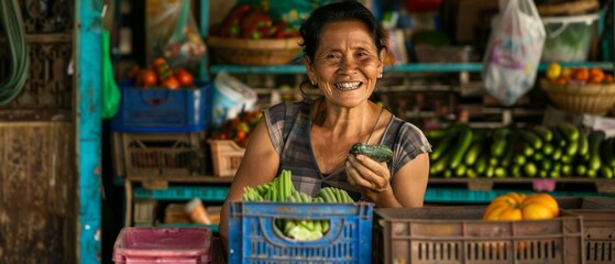 In a market stall, a smiling female owner holds vegetables near crates