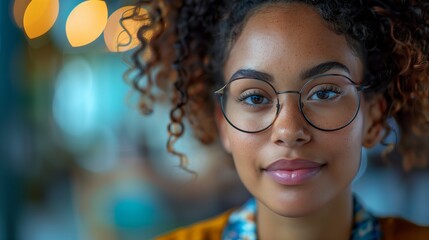 Young Woman with Glasses and Confident Gaze. Close-up portrait of a young woman with curly hair and glasses, exuding confidence and intelligence. - obrazy, fototapety, plakaty
