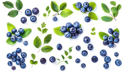 Isolated blueberries and blueberry leaves on white. Group of close-up fresh ripe blueberries with leaves.