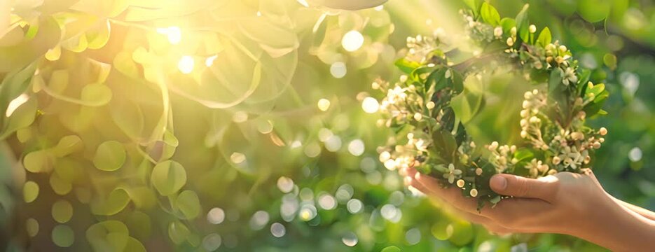 floral wreath in hand, sunny natural background. Summer Solstice Day 4K Video