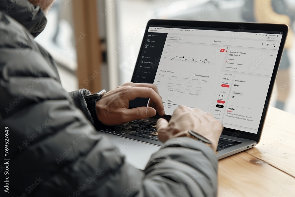 Poster analyzing financial data on laptop screen. person in a winter jacket analyzing intricate financial s