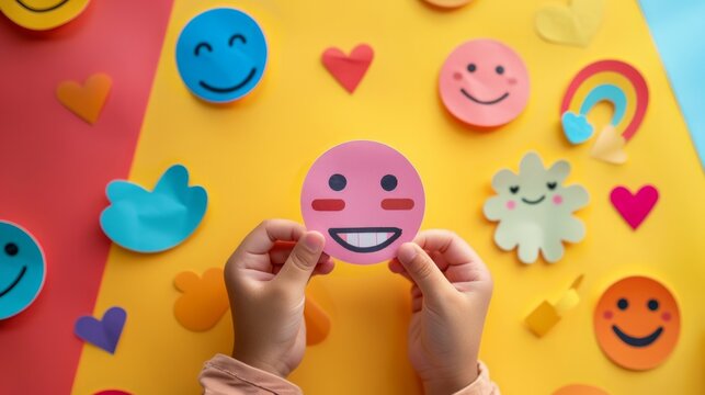 Hand choosing happy smile face paper cut, good feedback rating and positive customer review, experience, satisfaction survey ,mental health assessment, child wellness,world mental health day concept