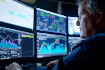 Senior Trader Monitoring Financial Markets on Screens. Senior financial trader intently observes multiple screens displaying dynamic stock market data.