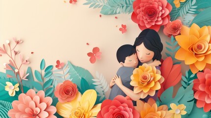 The paper art style illustrates a sweet interaction between mom and son surrounded by floral decoration. It would make a nice Mother's Day present. - obrazy, fototapety, plakaty