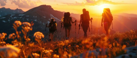 During sunset, four young hikers with backpacks stroll through a mountain landscape - obrazy, fototapety, plakaty