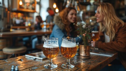 Craft beer brewery, artisanal process, tasting room with patrons, emphasis on quality and tradition