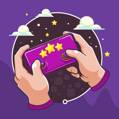 Cartoon Hands Holding Purple Video Game Controller, Starry Night Sky Background, Three Yellow Stars, Playful and Bold Design