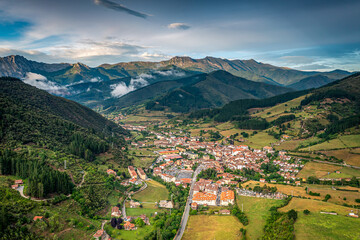 Aerial View of Potes Surroundings, Cantabria, Picos de Europa National Park, Northern Spain - obrazy, fototapety, plakaty