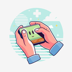 Clean and simple illustration showing hands engaged in mobile gaming
