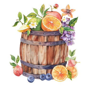 Watercolor image of a minimalist wooden barrel with citrus fruits