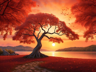 Experience the enchantment of a romantic sunset setting adorned with a scarlet heart tree and autumn foliage design. - obrazy, fototapety, plakaty