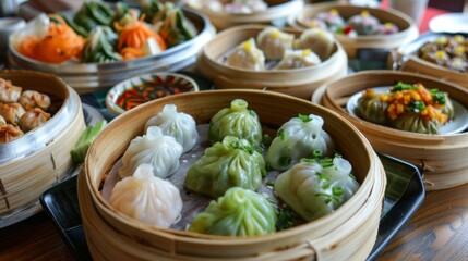 Assorted Dim Sum in Bamboo Steamers on a Restaurant Table