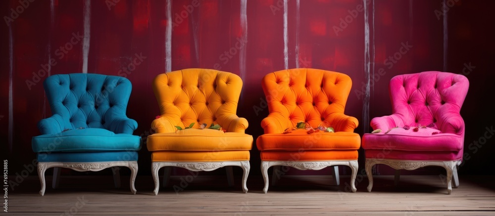 Poster four purple and orange chairs are neatly placed in a row in front of a red wall, adding a pop of col