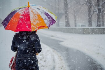 person walking with a bright umbrella in heavy snowfall - obrazy, fototapety, plakaty