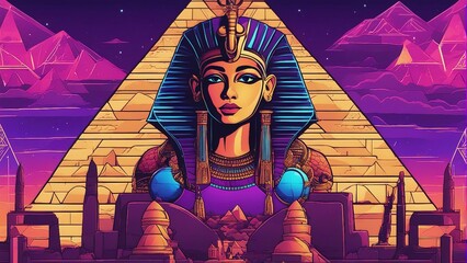 Generative AI. Wallpaper, Neon glow Egyptian art. Beautiful pyramids bathed in neon lights, futuristic, painting, photo frame, design. Egyptian god. King and Queen.  - obrazy, fototapety, plakaty