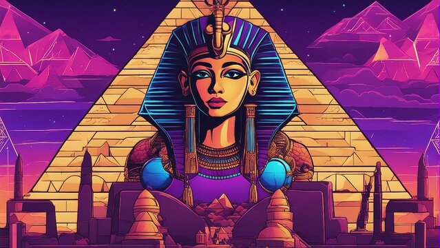 Generative AI. Wallpaper, Neon glow Egyptian art. Beautiful pyramids bathed in neon lights, futuristic, painting, photo frame, design. Egyptian god. King and Queen. 