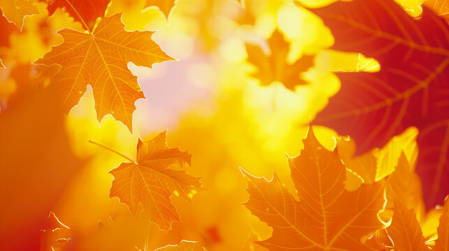 A close up of a bunch of orange leaves with a bright yellow background. The leaves are scattered throughout the image, with some falling from the top left and others from the bottom right