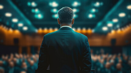 A professional speaker stands with confidence as he prepares to address an engaged audience at a formal conference event.