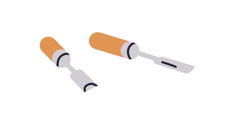 Chisels, woodwork tool. Carpentry, joinery instrument for planing, carving. Manual carver, planer. Wood cutting, processing equipment. Flat graphic vector illustration isolated on white background
