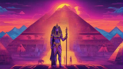 Generative AI. Wallpaper, Neon glow Egyptian art. Beautiful pyramids bathed in neon lights, futuristic, painting, photo frame, design. Egyptian god. King and Queen.  - obrazy, fototapety, plakaty