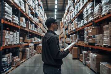 Warehouse Inventory Management with Digital Tablet. Warehouse worker in casual clothing and a cap uses a digital tablet to check inventory amidst shelves of products.