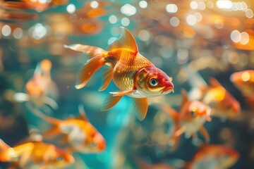 A shimmering school of goldfish gliding gracefully amidst aquatic plants in a crystal-clear fish tank.  - obrazy, fototapety, plakaty