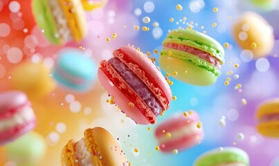 macaroons flying in the air a colorful background,Generative AI