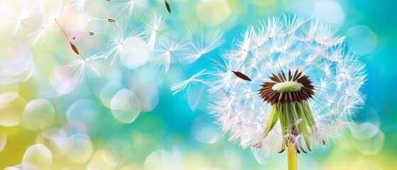 Dandelion seeds being blown by the breeze.