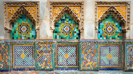 Beautifully crafted arches featuring multicolored tile mosaics that reflect Islamic artistic tradition