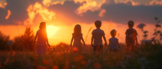 A silhouetted group of children playing on a meadow during the summer, at sunset.