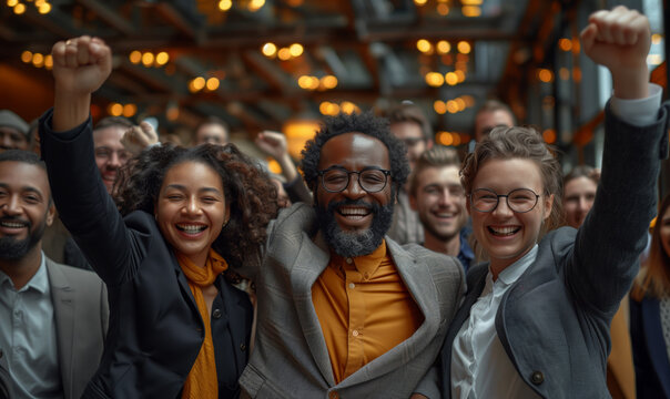Diverse Corporate Team Celebrating Milestone Achievement. Diverse and joyous corporate team raising fists in elation, celebrating a significant milestone or success.