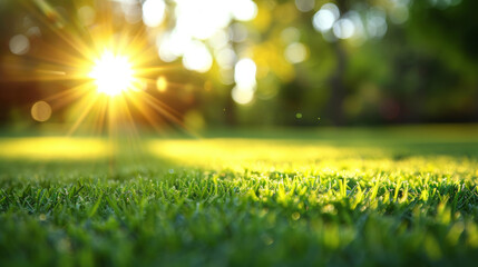 A bright sun is shining on a lush green field. The sun is the main focus of the image, and it creates a warm and inviting atmosphere. The grass is well-maintained and he is healthy - obrazy, fototapety, plakaty