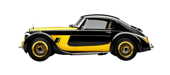 Yellow and black vintage car on clear or transparent background, ready for object and retouch design. Generative AI.	