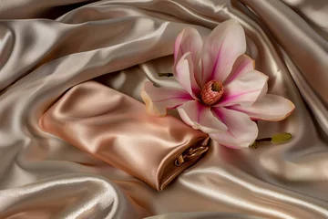 Fototapeten a clutch with a magnolia bloom on a satin cloth © primopiano