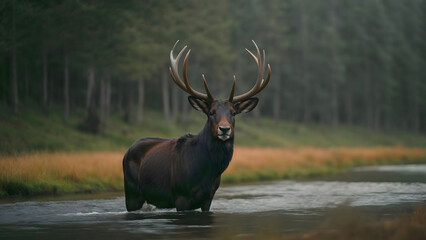 Majestic Moose Scouting Over A Field From The Lake, Cinematic Wildlife Style, Copy Space For Text Or Logo Etc. 16:9 300 DPI Wallpaper Background