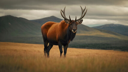 Majestic Moose Scouting Over A Field, Cinematic Wildlife Style, Copy Space For Text Or Logo Etc. 16:9 300 DPI Wallpaper Background