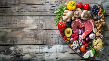 Healthy food in heart and cholesterol diet concept on vintage boards